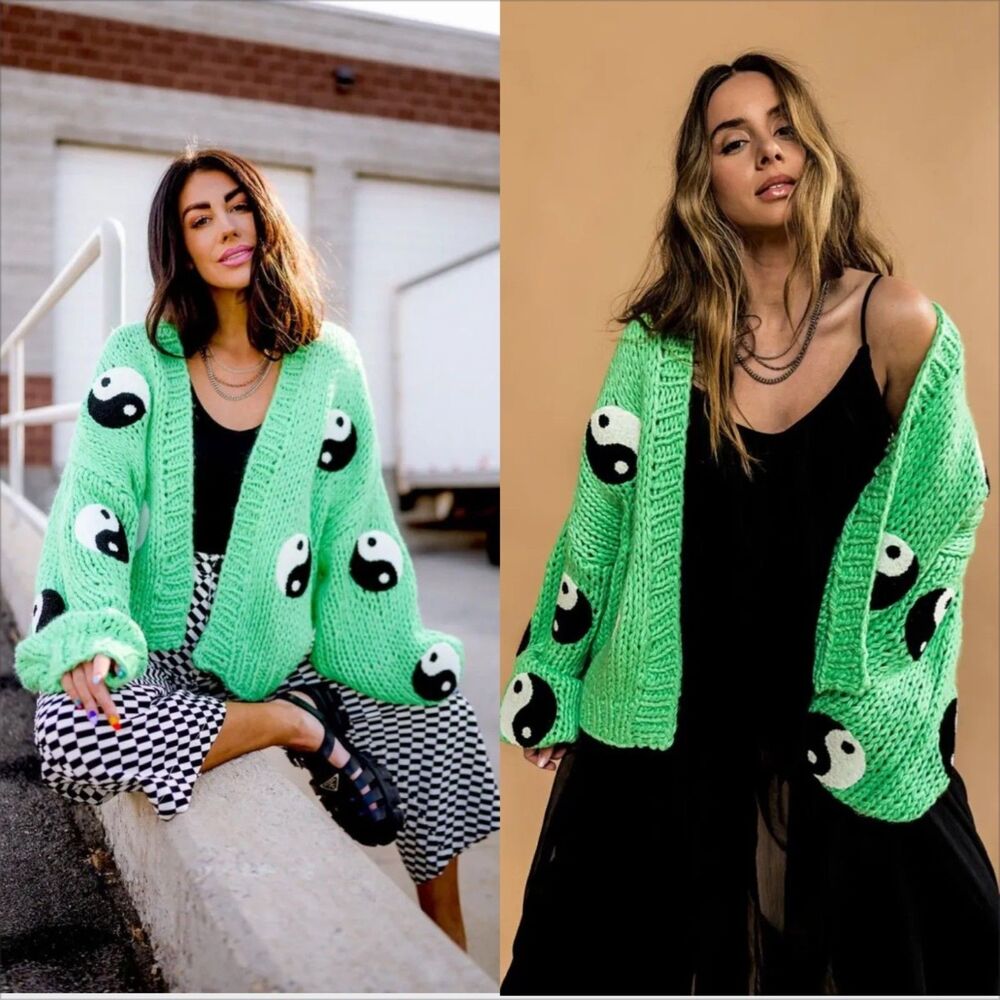 Dressed in Lala Visionary Cardigan Mint Yin Yang Size L/XL Hand Knit Oversized